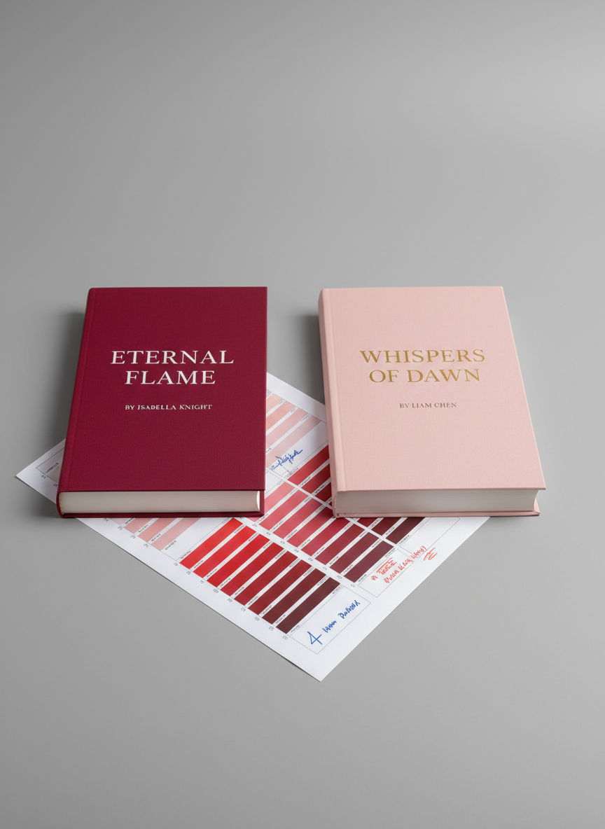 A pair of contrasting paperback romance manuscripts placed side by side on a smooth, neutral gray studio backdrop: one with a vivid crimson cover adorned only with refined white serif text, the other in a soft blush tone with understated gold lettering. Their spines are perfectly squared, pages impeccably aligned, emphasizing print quality. Between them lies a proof sheet with color swatches and margin notes, symbolizing the editorial process. Bright, even studio lighting eliminates harsh shadows while creating a subtle sheen along the covers’ surfaces. Captured from a slightly elevated angle with sharp focus throughout, the composition is balanced and symmetrical. The photographic realism, clean layout, and harmonious colors convey warmth, emotion, and the professional polish of a romance-focused publishing house.
