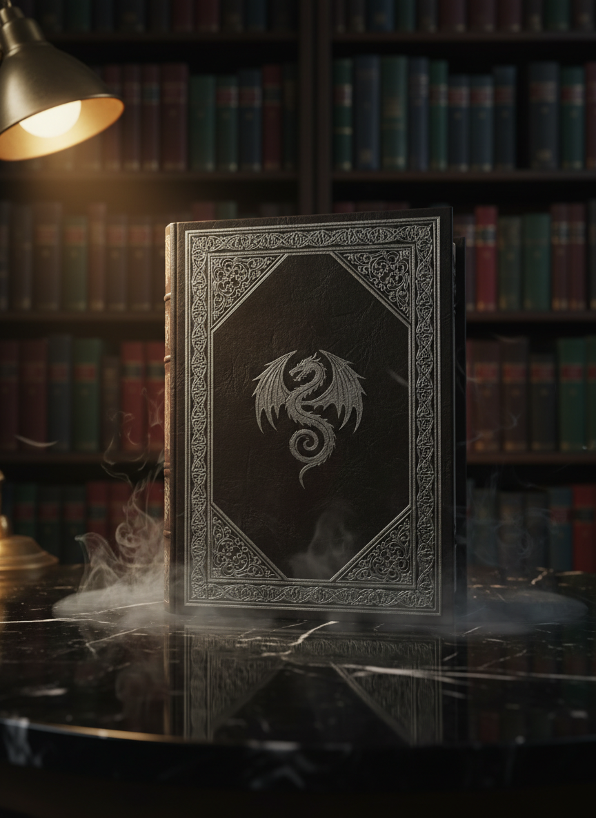 An imposing, leather-bound dark fantasy tome standing upright on a polished black stone surface, its cover embossed with intricate silver filigree and a subtle, shadowy sigil at the center. Fine wisps of mist curl around its base, hinting at mystery without revealing anything overtly sinister. Behind it, rows of neatly arranged, differently colored hardbacks recede into a soft, photographic blur, suggesting a vast catalog. A single brass desk lamp outside the frame casts a focused, warm beam, creating dramatic side lighting and long, moody shadows across the stone. Shot from a slightly low angle for a cinematic effect, the composition feels bold and atmospheric while remaining professional, evoking the allure and depth of dark fantasy publishing.