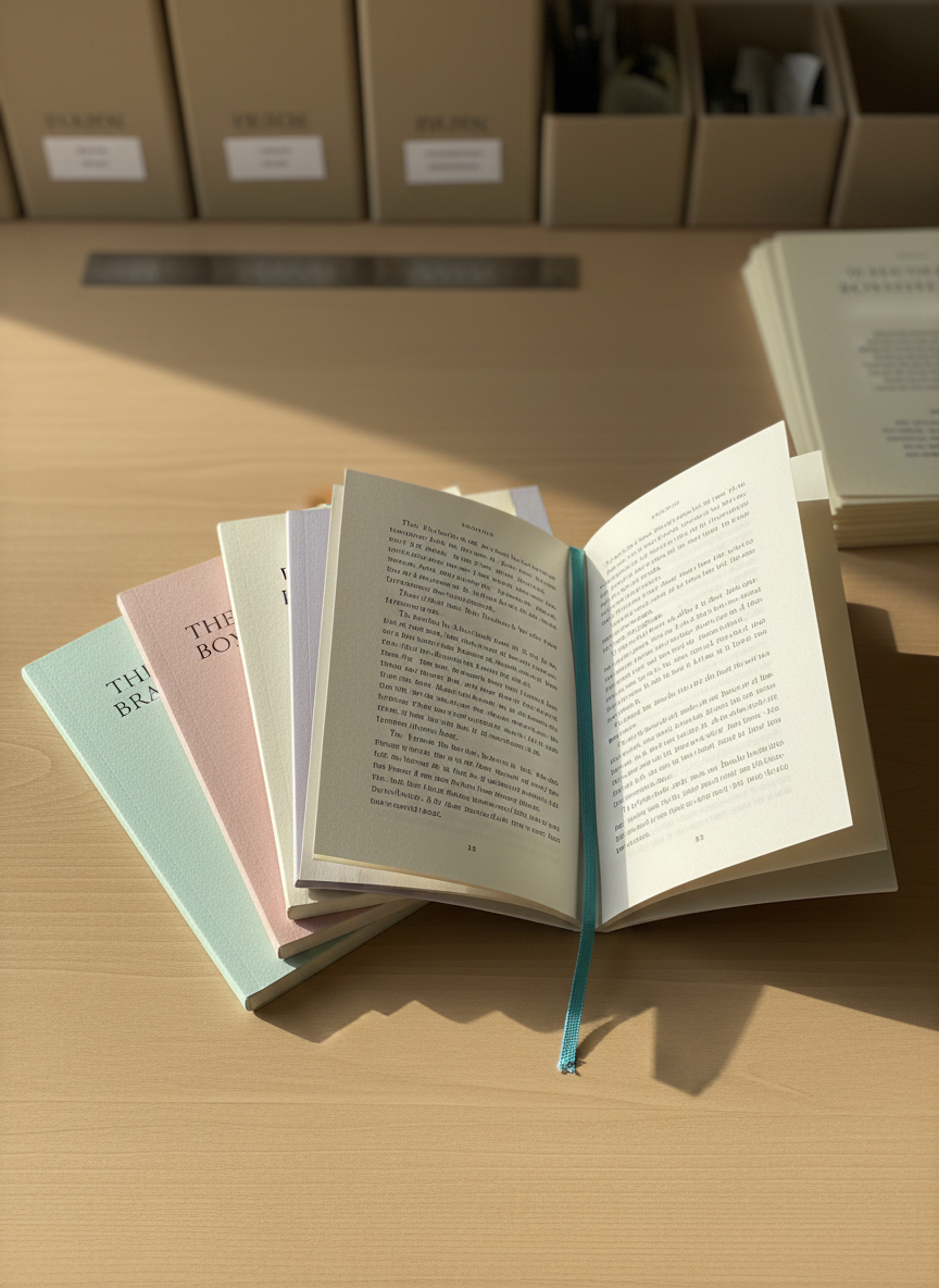 A delicate stack of poetry chapbooks fanned out on a light oak tabletop, each with a different pastel-colored, textured paper cover printed with minimal, elegant typography. One chapbook lies open to reveal narrow, carefully spaced lines of verse on soft white pages, the ink appearing deep charcoal rather than stark black. A thin ribbon bookmark peeks from the center. The scene is bathed in gentle morning light from the side, creating soft highlights on the paper grain and faint shadows along the edges. In the softly blurred background, a tidy row of organized stationery—archival boxes, a metal ruler, and a stapled proof—suggests a small, meticulous press. Captured from a top-down perspective, the photographic image feels intimate, calm, and literary.